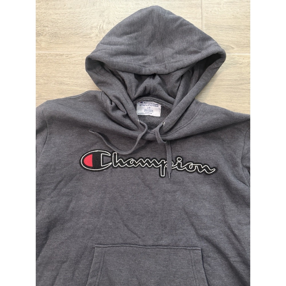 Champion Hoodie Mens Large Gray Script Logo Pullover Sweatshirt Embroidered - Picture 10 of 16
